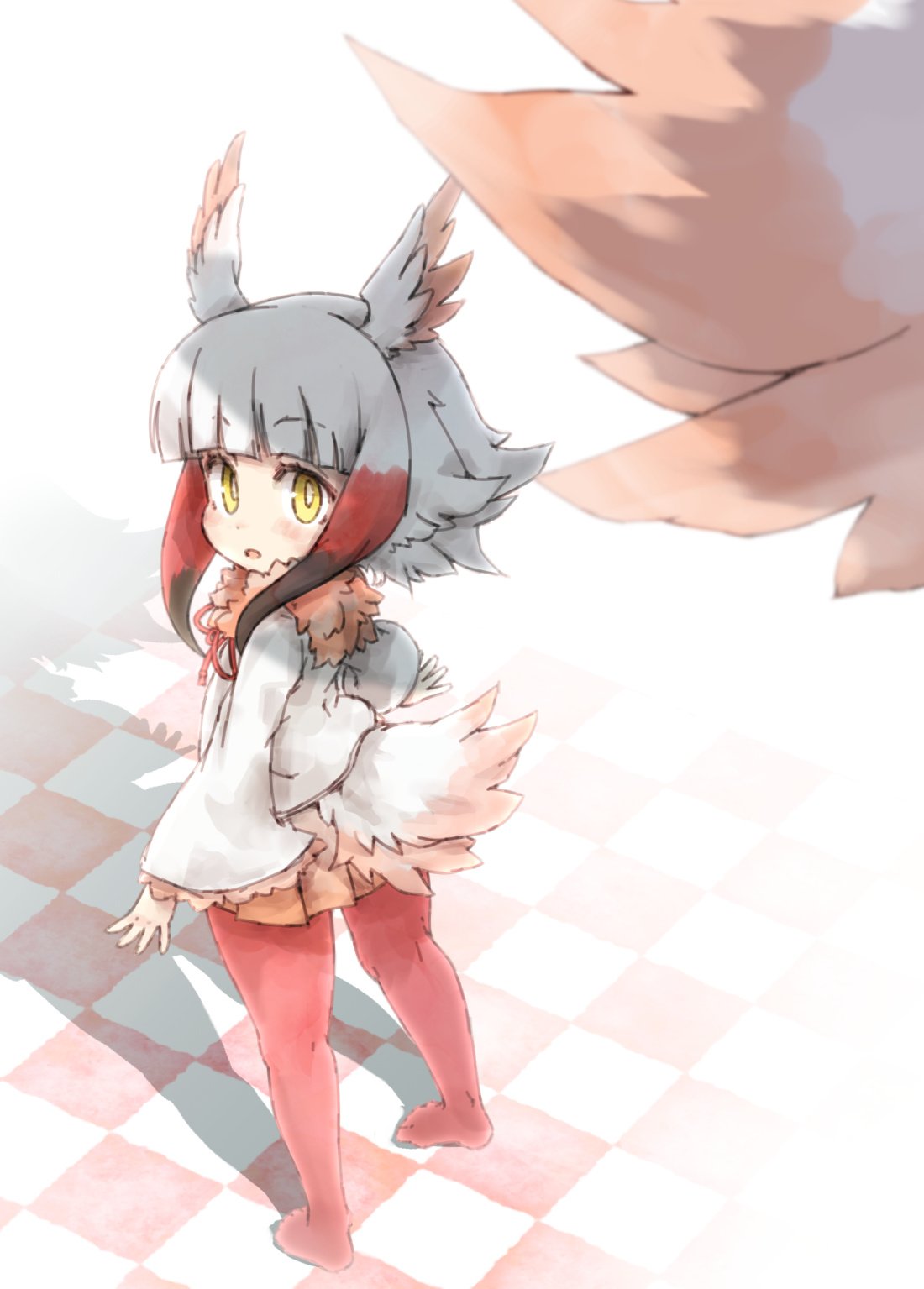 1girl bird_tail bird_wings black_hair checkered checkered_floor eyebrows_visible_through_hair frilled_sleeves frills from_above from_behind fur_collar head_wings highres japanese_crested_ibis_(kemono_friends) kemono_friends kolshica long_sleeves looking_back multicolored_hair neck_ribbon no_shoes pantyhose pleated_skirt redhead ribbon shadow short_hair sidelocks skirt solo white_hair wings yellow_eyes