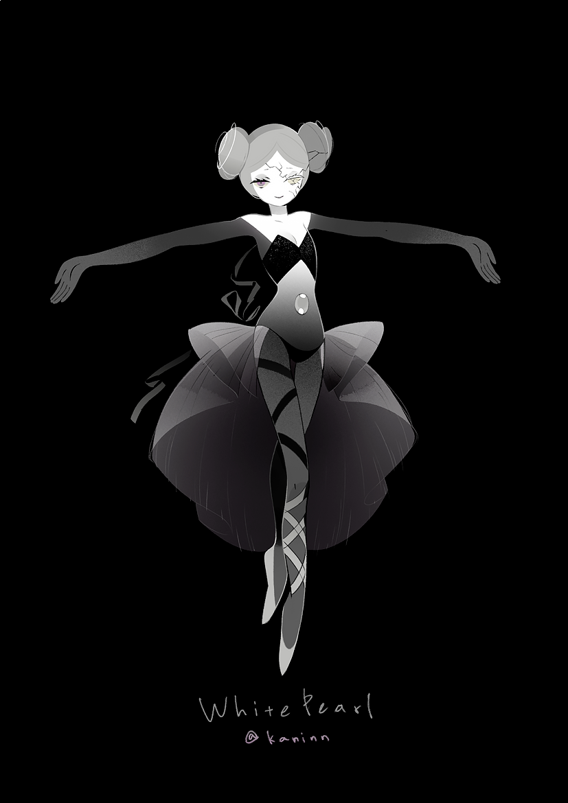 1girl artist_name ballet_slippers bangs bare_shoulders black_background black_ribbon breasts character_name cleavage cracked_skin double_bun eyelashes eyeshadow gem grey_eyes grey_hair hair_bun kaninn looking_at_viewer makeup outstretched_arms pale_skin parted_bangs ribbon simple_background small_breasts smile solo steven_universe stomach_jewel tiptoes twitter_username white_pearl_(steven_universe)