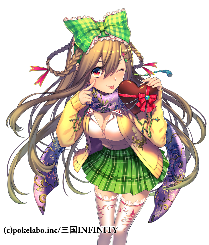 1girl ;p bow box braid breasts checkered checkered_bow cleavage coat dress_shirt eyebrows_visible_through_hair floral_print frilled_bow frills fuji_minako green_bow hair_between_eyes hair_ornament hair_ribbon hairclip heart-shaped_box holding_bow leaning_forward looking_at_viewer medium_breasts miniskirt one_eye_closed open_clothes open_coat pink_legwear pleated_skirt print_legwear red_eyes red_ribbon ribbon sangoku_infinity shiny shiny_hair shirt simple_background skirt solo standing thigh-highs tongue tongue_out white_background white_shirt yellow_coat zettai_ryouiki