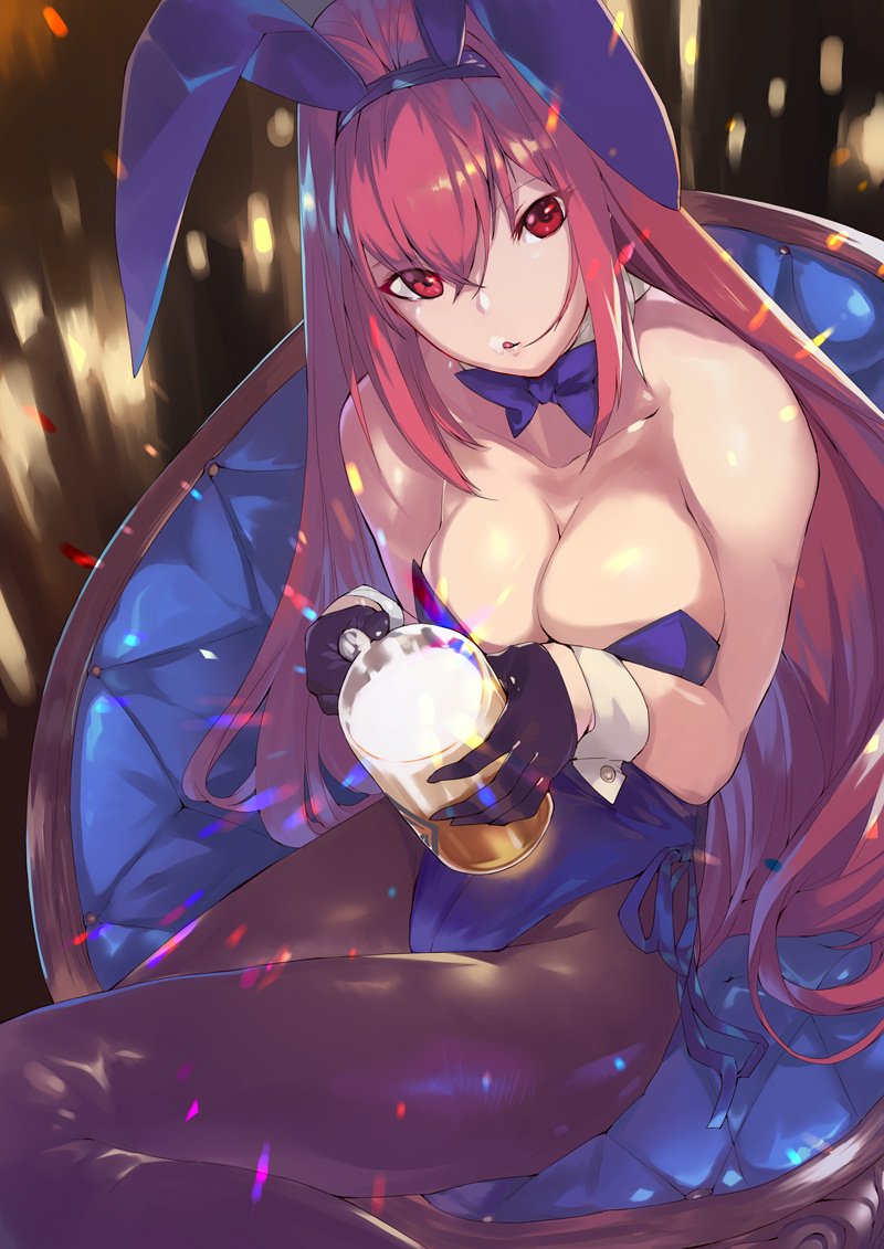 1girl alcohol animal_ears bangs bare_shoulders beer beer_mug bow bowtie breasts collarbone detached_collar fate/grand_order fate_(series) gloves hair_between_eyes highleg large_breasts leotard light_particles long_hair looking_at_viewer ohland open_mouth pantyhose purple_gloves purple_hair purple_leotard rabbit_ears red_eyes scathach_(fate)_(all) scathach_(fate/grand_order) solo sparkle thighs wrist_cuffs