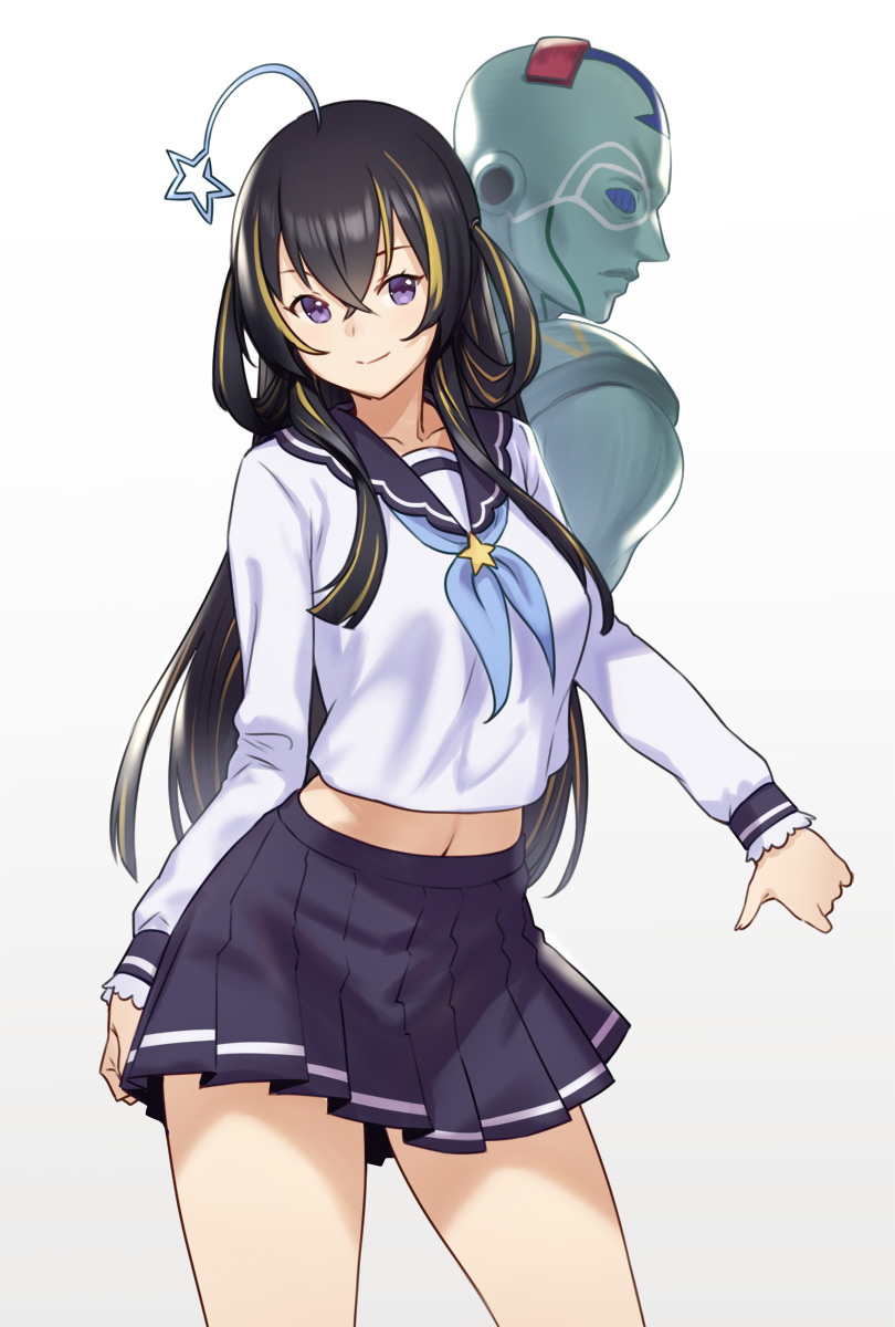 1girl ahoge black_hair black_skirt blonde_hair character_request closed_mouth collarbone cowboy_shot hair_between_eyes hair_rings highres houtengeki long_hair long_sleeves looking_at_viewer multicolored_hair navel neckerchief pleated_skirt school_uniform serafuku simple_background skirt smile stand_(jojo) star streaked_hair violet_eyes virtual_youtuber white_background