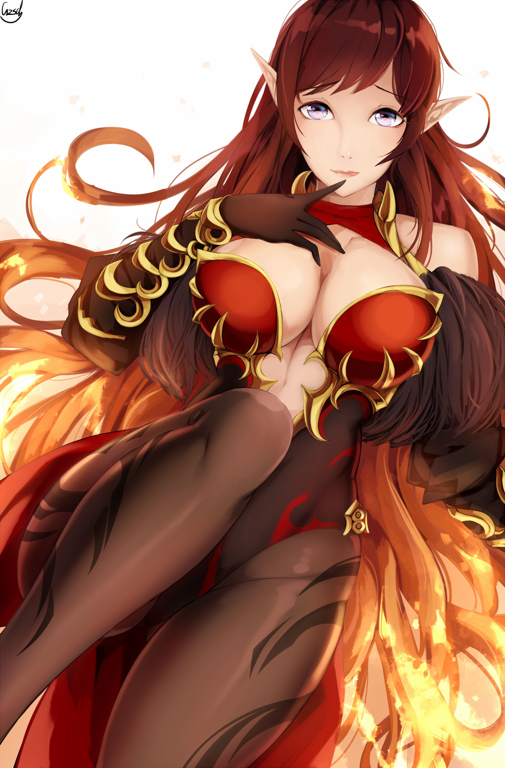 1girl :q artist_name bangs bare_shoulders black_gloves black_legwear breasts center_opening cleavage dungeon_and_fighter elbow_gloves eyebrows_visible_through_hair fiery_hair from_above gloves gradient_hair gzsd highres large_breasts leotard lips long_hair looking_at_viewer lying multicolored_hair on_back orange_hair pantyhose pointy_ears redhead solo spikes swept_bangs tongue tongue_out transcendent_nornil very_long_hair white_background white_eyes