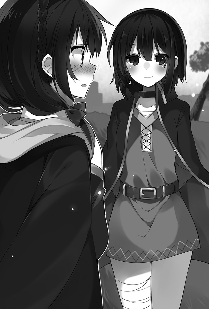 2girls arms_behind_back belt blush braid cape choker collarbone cowboy_shot crown_braid dress greyscale highres hood hood_down hooded kono_subarashii_sekai_ni_shukufuku_wo! megumin mishima_kurone monochrome multiple_girls novel_illustration official_art open_mouth outdoors short_dress short_hair smile standing sweatdrop yunyun_(konosuba)