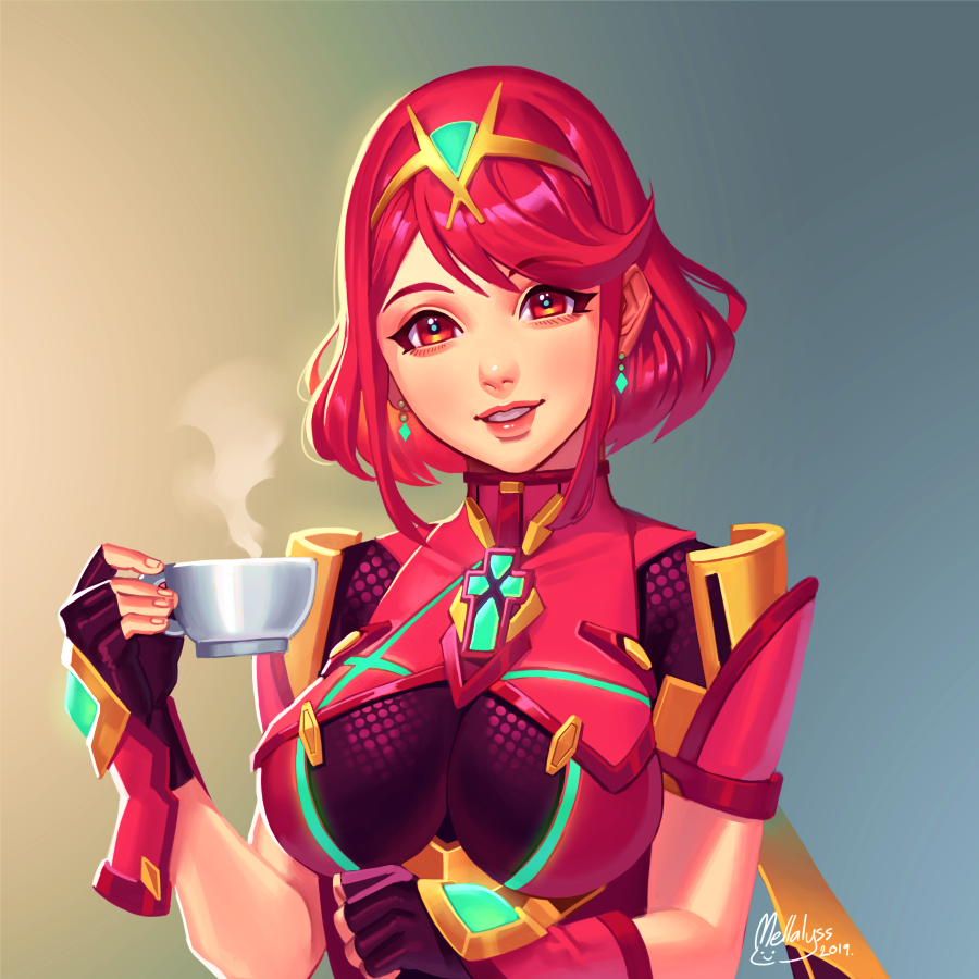 1girl bangs breasts covered_navel earrings fingerless_gloves gloves headpiece pyra_(xenoblade) jewelry large_breasts looking_at_viewer mella nintendo red_eyes red_shorts redhead short_hair shorts shoulder_armor simple_background smile solo swept_bangs tea tiara white_background xenoblade_(series) xenoblade_2