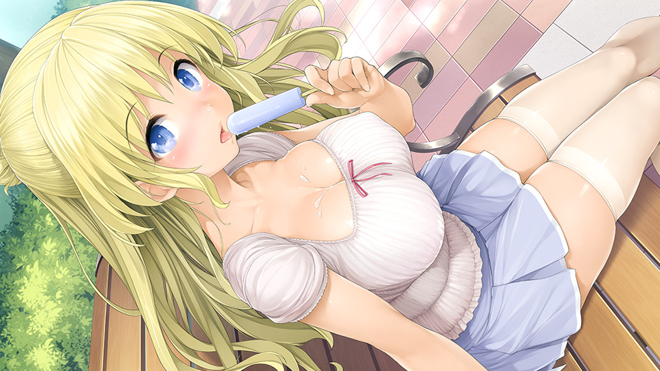 1girl blonde_hair blue_eyes blush breasts character_request copyright_request erect_nipples food ishikei long_hair looking_at_viewer open_mouth park popsicle sitting skirt solo thigh-highs white_legwear