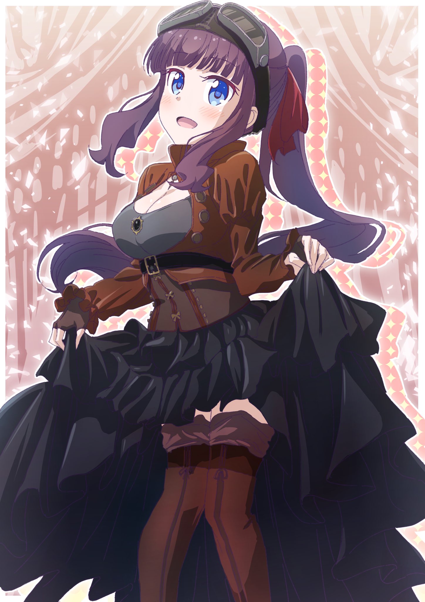 1girl bangs black_skirt blue_eyes blush boots breasts brown_footwear brown_gloves brown_hair cleavage corset eyebrows_visible_through_hair fingerless_gloves floating_hair gloves goggles goggles_on_head highres large_breasts long_hair long_skirt long_sleeves new_game! pink_x ponytail skirt skirt_hold solo standing standing_on_one_leg takimoto_hifumi thigh-highs thigh_boots very_long_hair