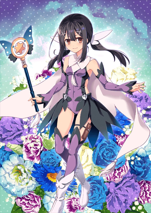 1girl armpits ass_visible_through_thighs black_hair boots covered_navel detached_sleeves fate/grand_order fate/kaleid_liner_prisma_illya fate_(series) flower hair_between_eyes hiroyama_hiroshi holding holding_staff holding_wand kaleidostick leotard long_hair magical_girl magical_sapphire miyu_edelfelt official_art sidelocks smile staff thigh-highs twintails wand