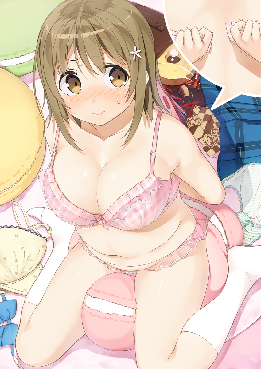 1girl adjusting_bra adjusting_clothes arms_behind_back bangs belly blush bow bow_bra bowtie bowtie_removed bra bra_removed breasts brown_eyes brown_hair collarbone dressing frilled_bra frilled_panties frills from_above hair_between_eyes hair_ornament highres idolmaster idolmaster_cinderella_girls kneehighs large_breasts looking_away mimura_kanako panties panties_removed pink_bra pink_panties plaid plaid_bra plaid_skirt pleated_skirt plump school_briefcase shiny shiny_skin sidelocks sitting skirt skirt_removed solo straddling striped striped_panties sweat trembling tsubure_manjuu underwear wariza