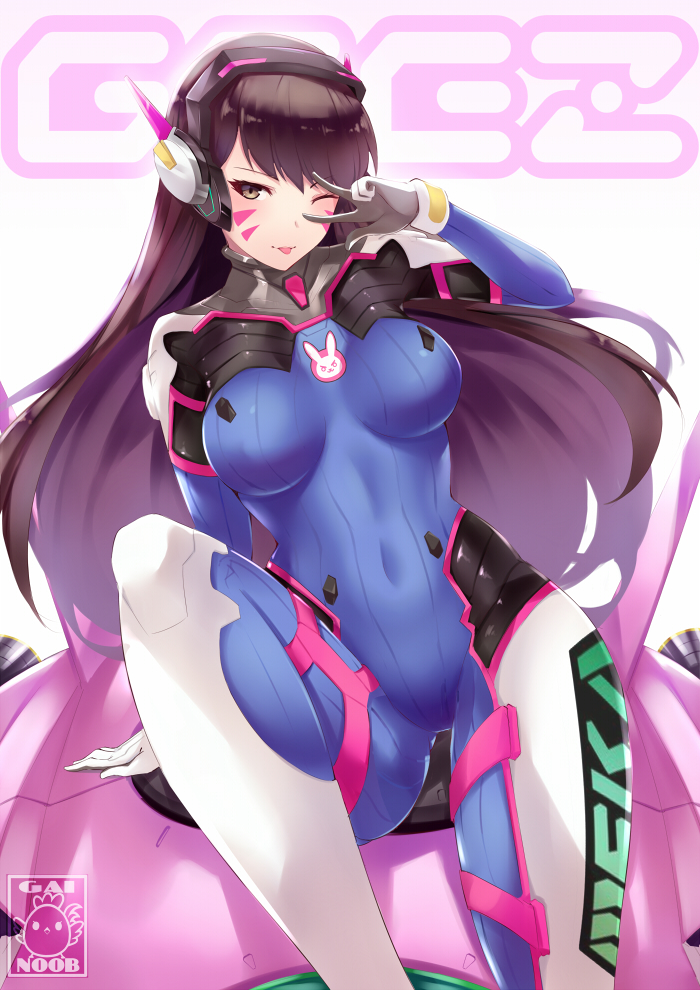 1girl animal_print arm_up artist_logo artist_name bangs blue_bodysuit bodysuit bracer breasts brown_eyes brown_hair bunny_print commentary covered_navel d.va_(overwatch) emblem english_commentary facepaint facial_mark gainoob gun headphones heart knee_up long_hair looking_at_viewer mecha medium_breasts one_eye_closed overwatch pauldrons pilot_suit ribbed_bodysuit simple_background sitting skin_tight solo swept_bangs tongue tongue_out v weapon whisker_markings