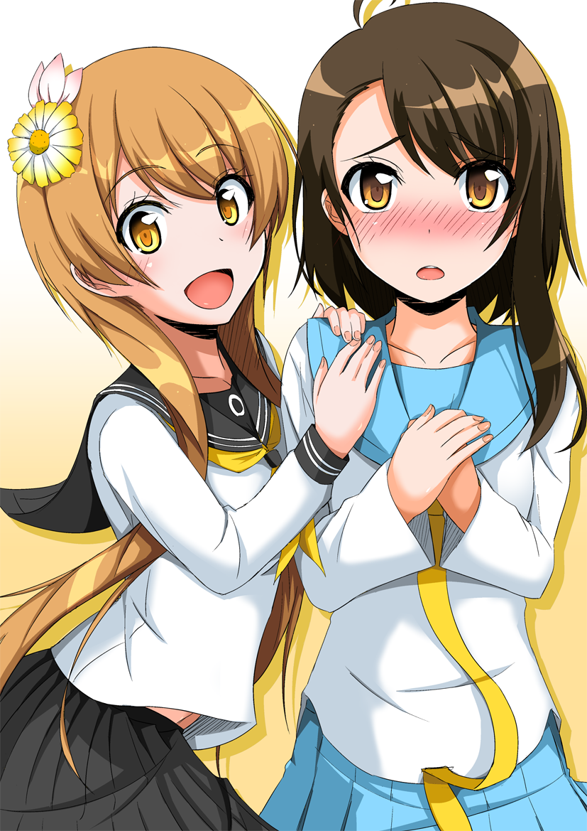 2girls ahoge black_skirt blush breasts brown_eyes brown_hair cla_(torinabe) collarbone commentary_request cowboy_shot dot_nose eyebrows_visible_through_hair flower hair_flower hair_ornament hand_on_another's_shoulder hand_on_own_chest hand_on_shoulder happy light_blue_skirt light_brown_hair long_hair looking_at_viewer medium_breasts multiple_girls nisekoi onodera_kosaki open_mouth school_uniform serafuku shirt short_hair short_hair_with_long_locks sidelocks skirt small_breasts smile tachibana_marika white_shirt