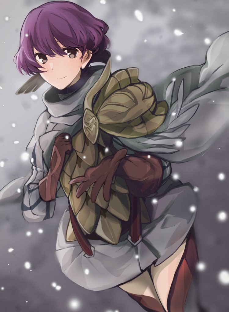 1girl aiueo1234853 armor brown_gloves cape closed_mouth cosplay fire_emblem fire_emblem:_shin_monshou_no_nazo fire_emblem_heroes gloves grey_eyes katarina_(fire_emblem) long_sleeves nintendo purple_hair sharena sharena_(cosplay) short_hair skirt smile snowing solo