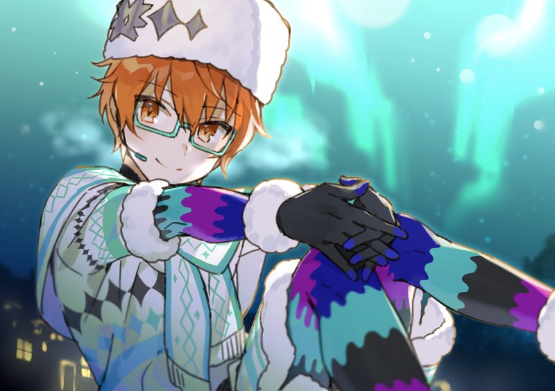 1boy aoi_kyousuke black_footwear black_gloves boots closed_mouth coat fur_hat fur_trim glasses gloves hat headset idolmaster idolmaster_side-m idolmaster_side-m_live_on_stage looking_at_viewer male_focus patterned shirako_miso smile solo ushanka white_hat winter_clothes world_tre@sure_(idolmaster)