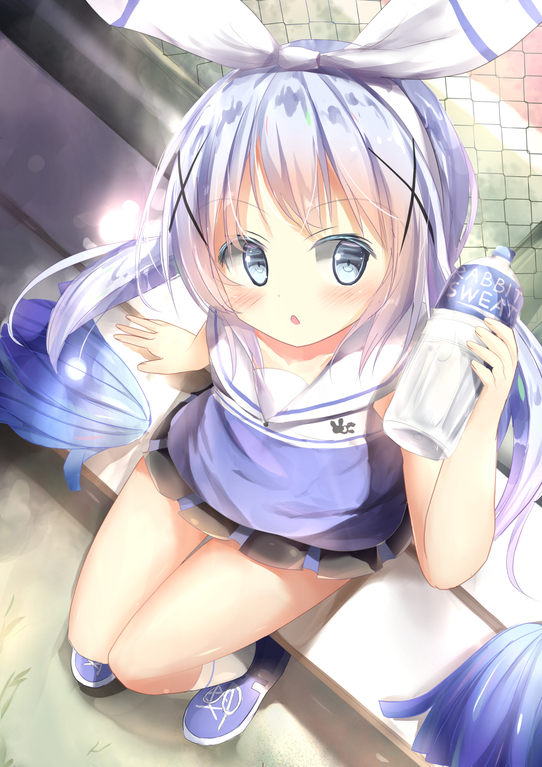 1girl bangs bare_arms bare_shoulders bench black_skirt blue_eyes blue_footwear blue_hair blue_shirt blush bottle brand_name_imitation commentary_request day eyebrows_visible_through_hair fingernails from_above gochuumon_wa_usagi_desu_ka? hair_ornament hair_ribbon hand_up highres holding holding_bottle kafuu_chino kneehighs long_hair looking_at_viewer looking_up na!?_(naxtuyasai) on_bench outdoors parted_lips pleated_skirt pocari_sweat pom_poms ribbon shirt shoes sitting skirt sleeveless sleeveless_shirt solo twintails very_long_hair water_bottle white_legwear white_ribbon x_hair_ornament