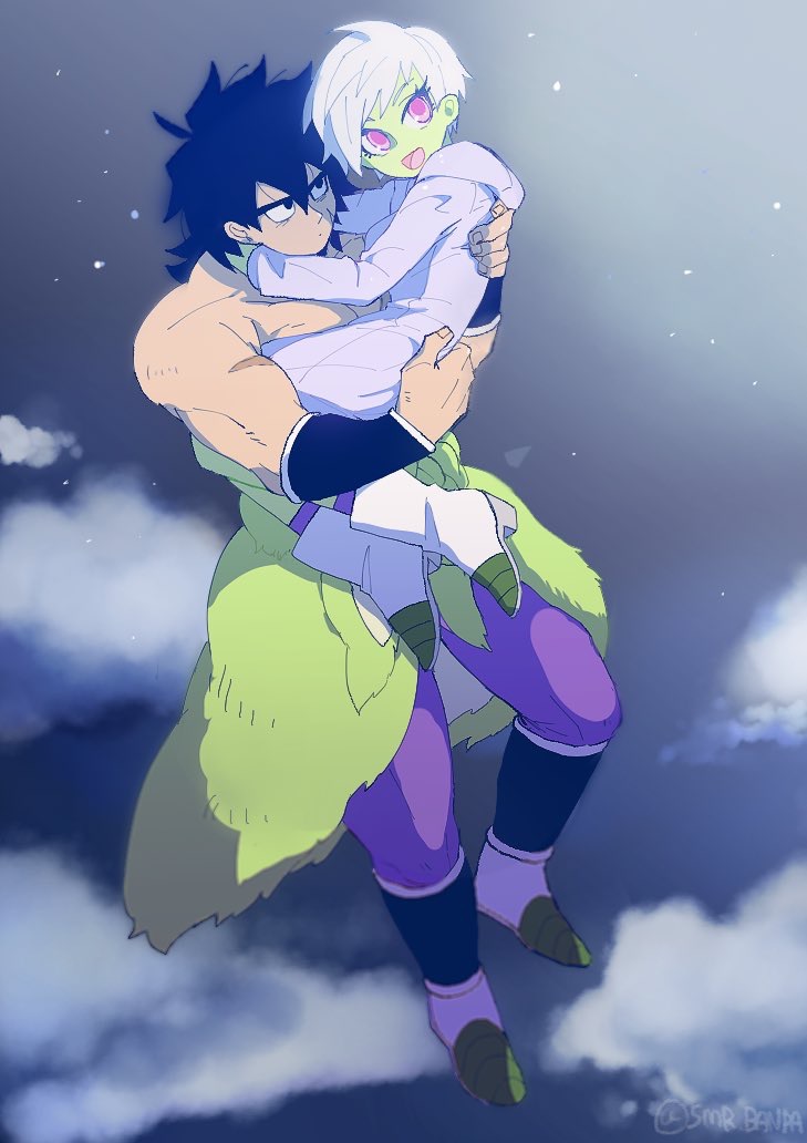 1boy 1girl biceps black_eyes black_hair boots broly_(dragon_ball_super) carrying cheelai clouds coat dragon_ball dragon_ball_super dragon_ball_super_broly flying green_skin looking_at_another midair muscle night night_sky open_mouth pectorals pelt scar shirtless short_hair silver_hair sky smile spiky_hair srm_burorisuto violet_eyes white_footwear