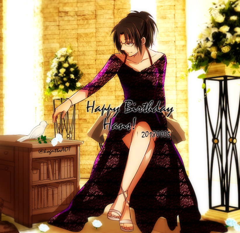 1girl 2018 bird bracelet brown brown_eyes collarbone dress glasses hange_zoe happy_birthday indoors jewelry kgt0804 legs_crossed long_dress purple_dress shingeki_no_kyojin short_hair sitting smile solo twitter_username