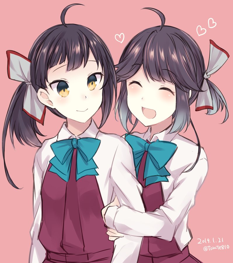 2girls :d ^_^ ahoge asymmetrical_bangs bangs blue_neckwear blush bow bowtie closed_eyes closed_eyes closed_mouth dated dress eyebrows_visible_through_hair fujinami_(kantai_collection) gradient_hair grey_hair grey_legwear hair_ribbon hayanami_(kantai_collection) heart holding_another's_arm kabocha_torute kantai_collection long_hair long_sleeves multicolored_hair multiple_girls open_mouth pink_background pleated_dress ponytail purple_dress purple_hair ribbon school_uniform shirt short_hair side_ponytail sidelocks simple_background sleeveless sleeveless_dress smile twitter_username upper_body white_ribbon white_shirt yellow_eyes