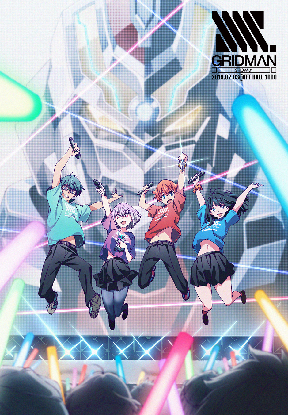 2boys 2girls acceptor arms_up belly_peek belt black-framed_eyewear black_hair black_legwear blue_eyes blue_shirt bob_cut character_doll crowd ghoulgilas glasses glowstick green_hair green_shirt gridman_(ssss) hibiki_yuuta highres jumping key_visual lavender_hair microphone multiple_boys multiple_girls navel official_art pantyhose pink_eyes purple_shirt rectangular_eyewear red_shirt redhead scrunchie shinjou_akane shirt shoes short_hair skirt smile sneakers ssss.gridman stage t-shirt takanashi_rikka utsumi_shou