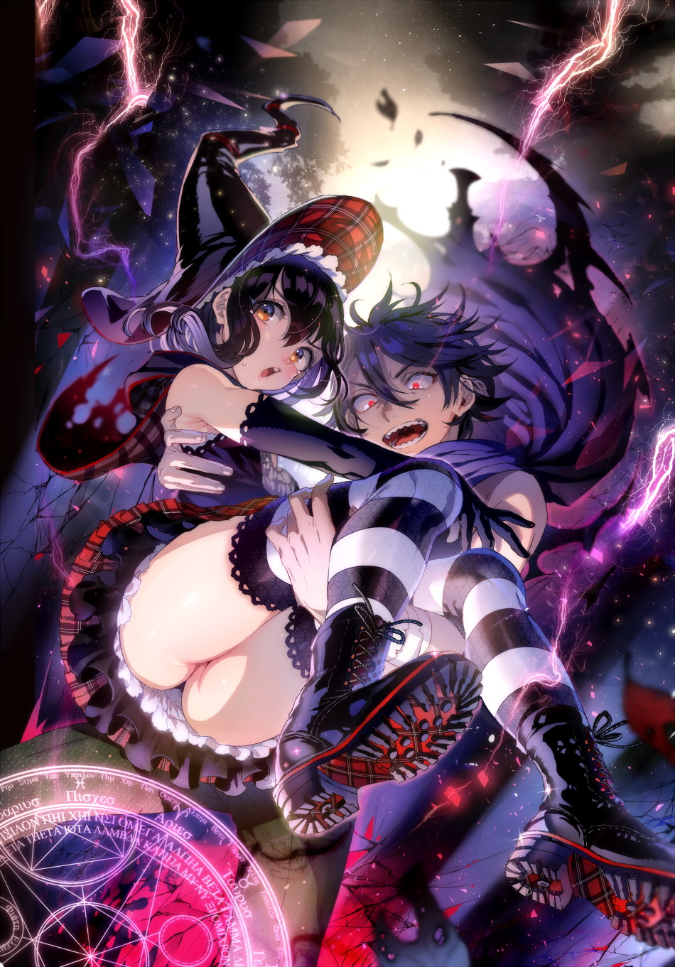 1boy 1girl ass boots carrying elbow_gloves gloves glowing glowing_eyes hat highres ikezaki_misa lightning magic_circle midair open_mouth original princess_carry red_eyes scarf skirt striped striped_legwear tagme thigh-highs upskirt witch witch_hat