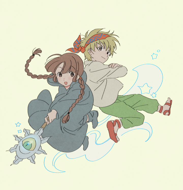 1boy 1girl :d ankle_boots bad_id bad_tumblr_id bandanna bangs blonde_hair boots braid brown_eyes child closed_mouth crossed_arms eyebrows_visible_through_hair floating floating_hair green_pants hair_tie holding holding_staff hood hood_down kukuri long_hair long_sleeves looking_at_viewer low_twintails mahoujin_guruguru muted_color nike_(mahoujin_guruguru) open_mouth pants robe roku_(tsua-kihuyu) shoe_soles simple_background smile staff tareme twin_braids twintails very_long_hair yellow_background