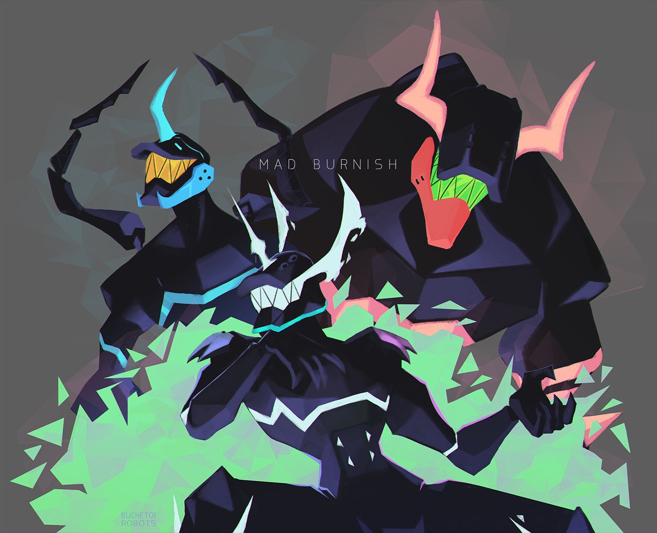 3boys artist_name character_name chin_rest claws grey_background helmet horned_helmet mad_burnish male_focus multiple_boys promare simple_background sitting valerie_garnace