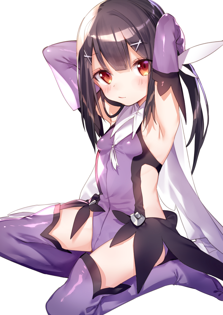 1girl armpits bangs bare_shoulders blush breasts brown_eyes brown_hair closed_mouth commentary_request detached_sleeves eyebrows_visible_through_hair fate/kaleid_liner_prisma_illya fate_(series) hair_between_eyes hair_ornament leotard long_hair long_sleeves looking_at_viewer miyu_edelfelt purple_legwear purple_leotard purple_sleeves simple_background sitting small_breasts solo thigh-highs tousaki_shiina very_long_hair white_background