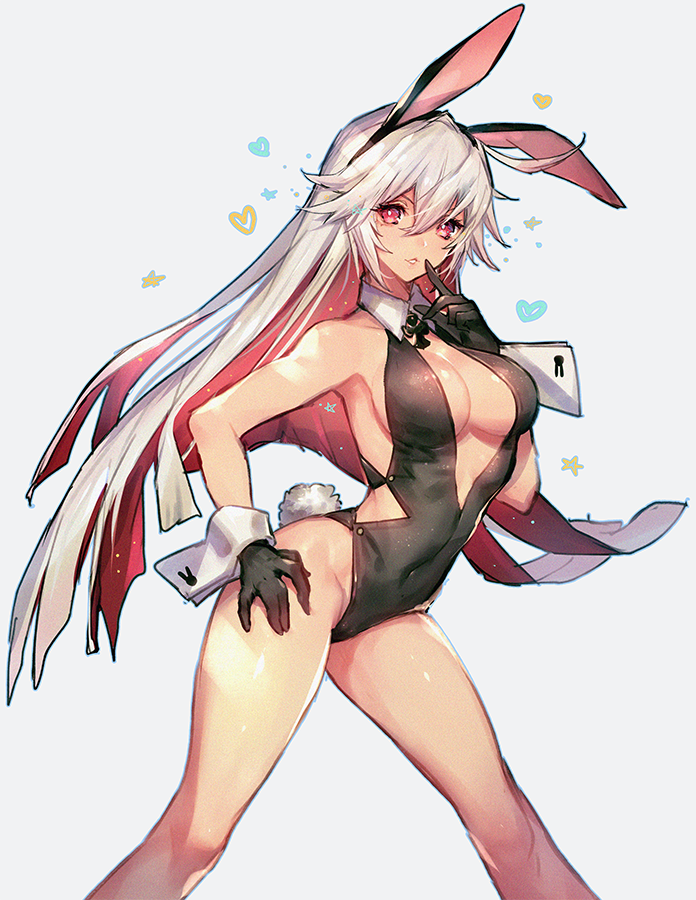 1girl animal_ears bare_shoulders breasts bunny_tail bunnysuit cleavage covered_navel detached_collar fake_animal_ears gloves groin guilty_gear guilty_gear_xrd heart jack-o'_valentine large_breasts leotard long_hair multicolored_hair oro_(sumakaita) rabbit_ears red_eyes redhead rosary sideboob solo star tail two-tone_hair white_background white_hair wrist_cuffs