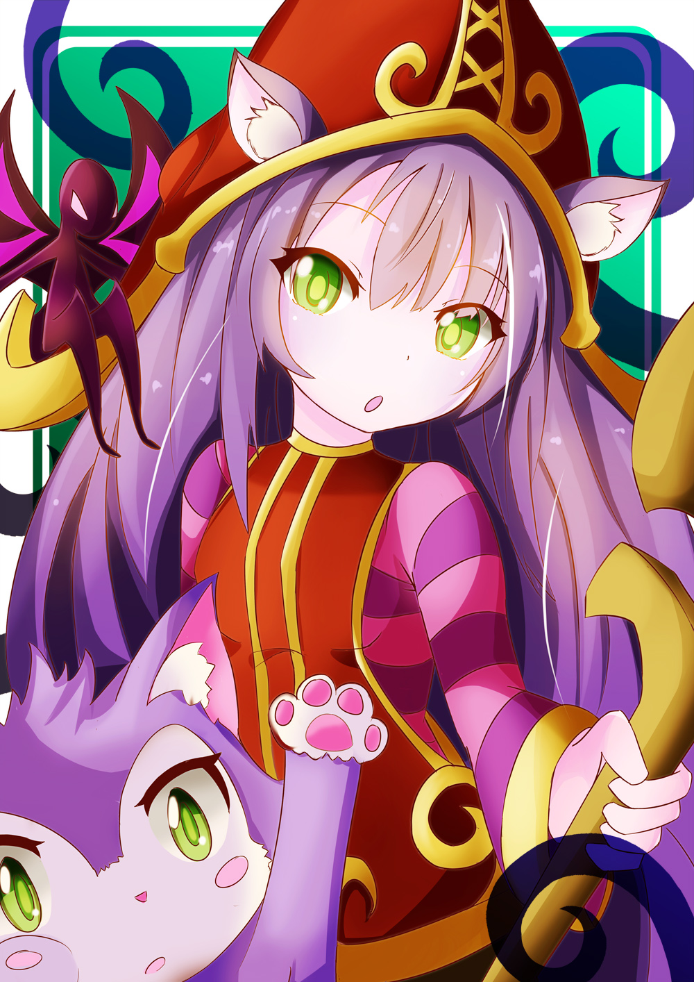 1girl :o animal_ear_fluff animal_ears breasts cat cat_paw commentary dark_skin dot_nose dress english_commentary eyebrows_visible_through_hair fairy green_eyes hat highres holding holding_staff league_of_legends long_hair long_sleeves lulu_(league_of_legends) no_mouth open_mouth pix purple_hair purple_skin red_dress red_hat small_breasts staff striped sylphine upper_body wings witch_hat yellow_eyes yordle