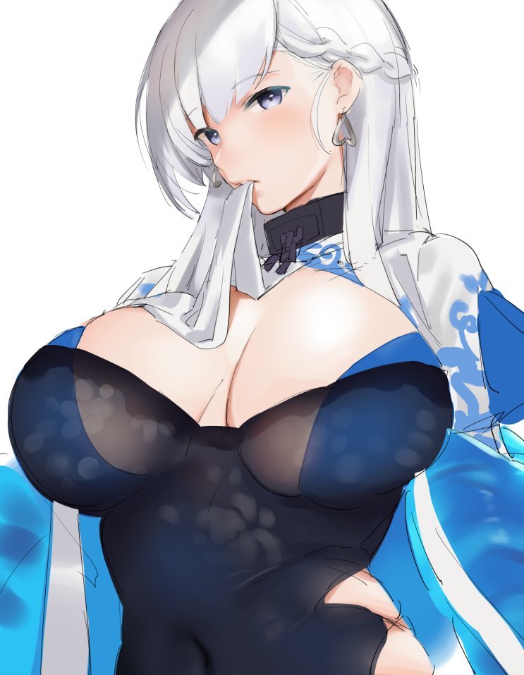 1girl alternate_costume azur_lane bangs belfast_(azur_lane) biting biting_clothes black_dress blue_eyes braid breasts chains chinese_clothes cleavage cleavage_cutout collar commentary_request dress earrings eyebrows_visible_through_hair french_braid jewelry large_breasts looking_at_viewer nekoshoko see-through side_braid silver_hair white_cloak