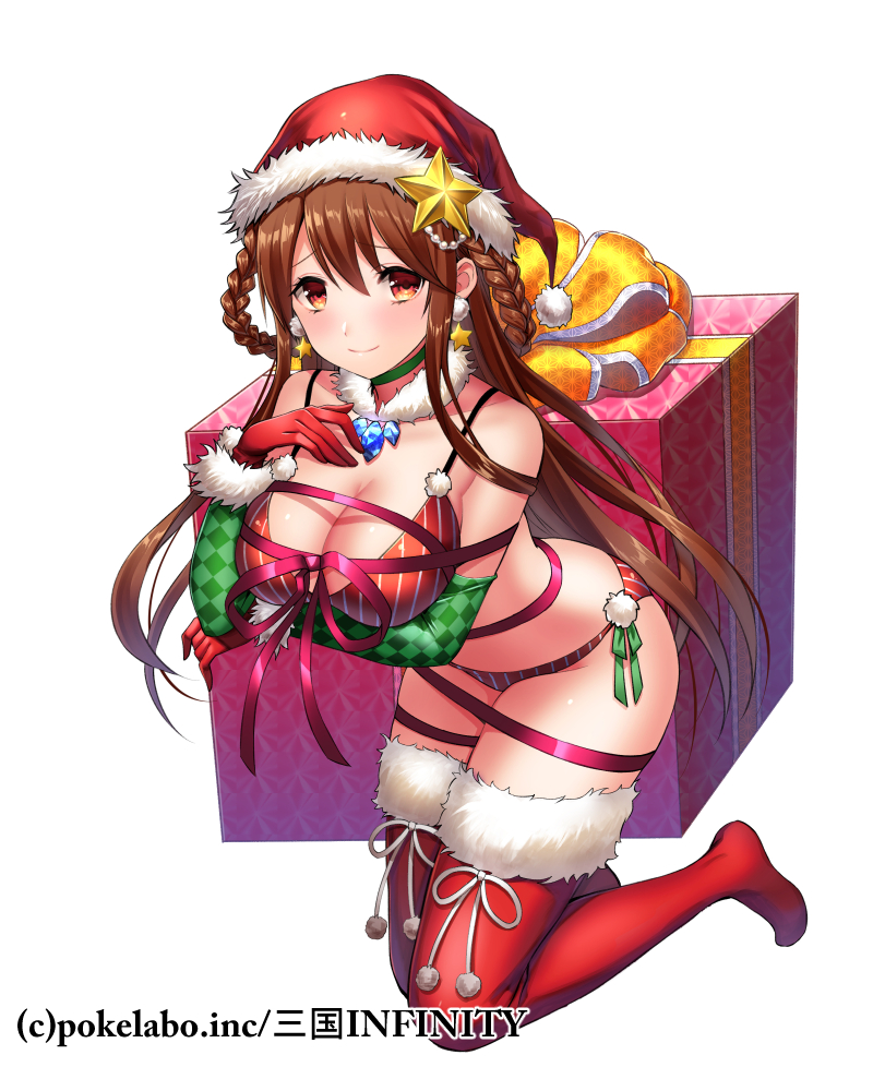 1girl boots box bra braid breasts brown_hair checkered choker cleavage detached_sleeves earrings eyebrows_visible_through_hair floating_hair fuji_minako full_body fur-trimmed_boots fur-trimmed_gloves fur-trimmed_hat fur_trim gift gift_box gloves hair_between_eyes hat jewelry kneeling large_breasts long_hair long_sleeves looking_at_viewer panties purple_ribbon red_bra red_eyes red_footwear red_gloves red_hat red_panties ribbon sangoku_infinity santa_boots santa_gloves santa_hat shiny shiny_hair simple_background sleeves smile solo star star_earrings star_hat_ornament striped striped_bra striped_panties thigh-highs thigh_boots underwear underwear_only very_long_hair white_background