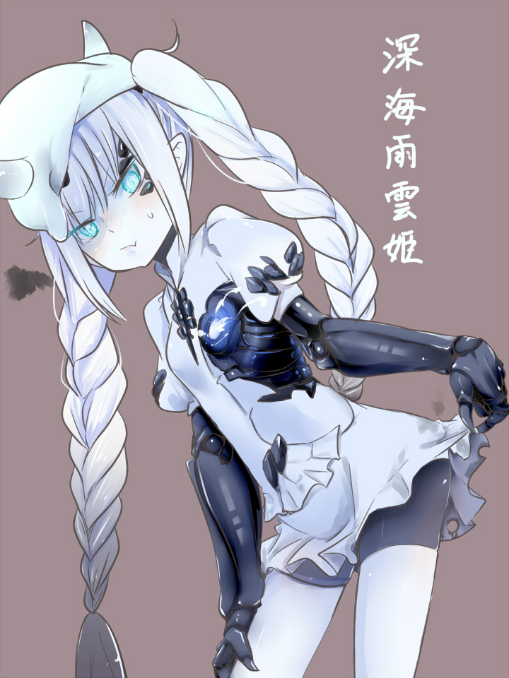 1girl abyssal_nimbus_hime akino_shuu beret blush braid closed_mouth grey_background hat horns kantai_collection long_hair looking_at_viewer mechanical_arms mechanical_parts pale_skin shinkaisei-kan simple_background torn_clothes translation_request twin_braids twintails white_hair