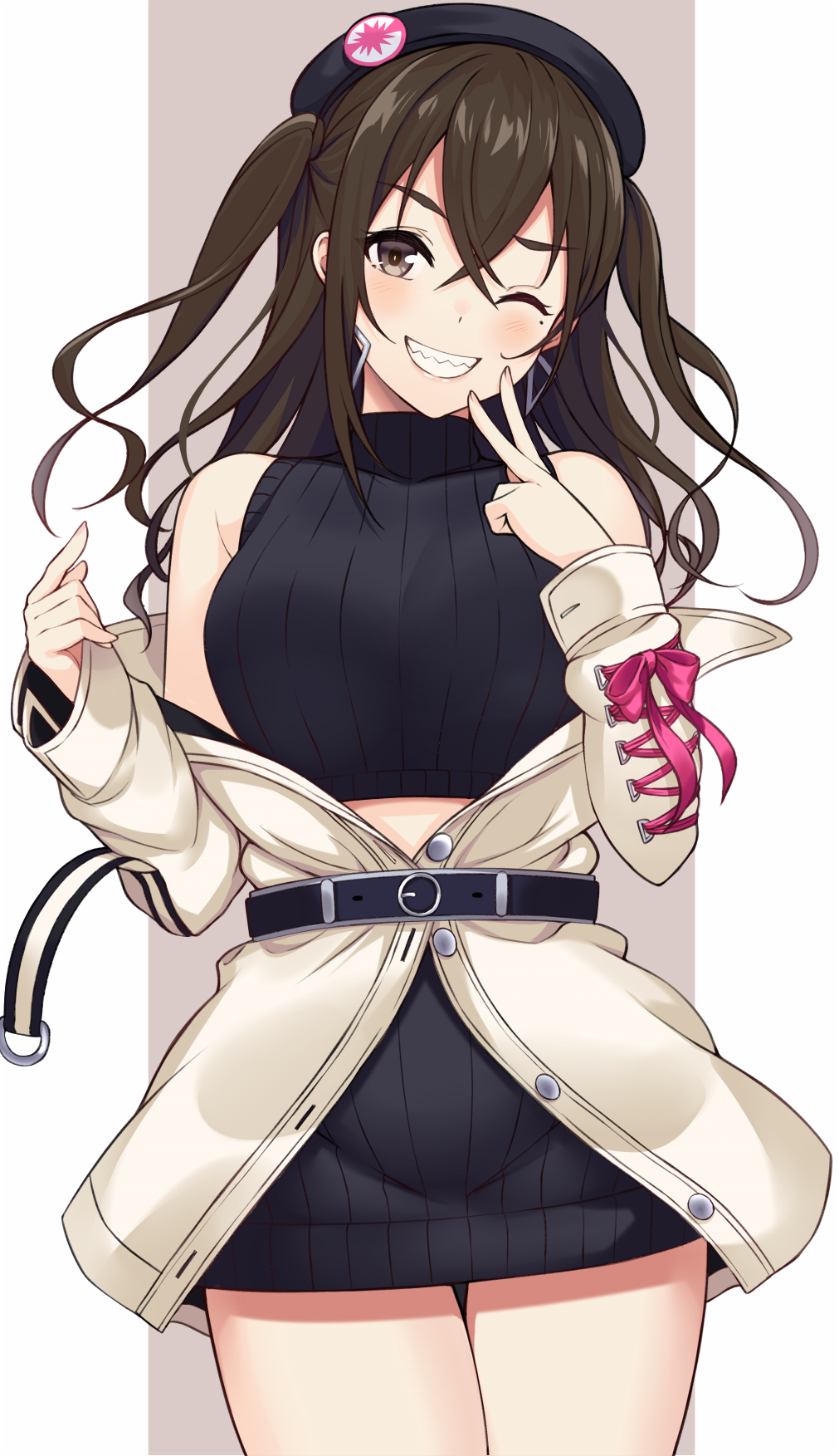 1girl ;d bangs bare_shoulders belt beret black_hat black_skirt blush brown_eyes brown_hair buttons commentary_request cowboy_shot crop_top earrings grin hair_between_eyes hat highres idolmaster idolmaster_cinderella_girls jacket jewelry long_hair long_sleeves looking_at_viewer midriff miniskirt mole mole_under_eye off_shoulder one_eye_closed open_clothes open_jacket open_mouth ribbed_sweater sharp_teeth sidelocks skirt sleeveless sleeveless_turtleneck smile solo standing sukebewe sunazuka_akira sweater teeth turtleneck two_side_up wavy_hair white_jacket