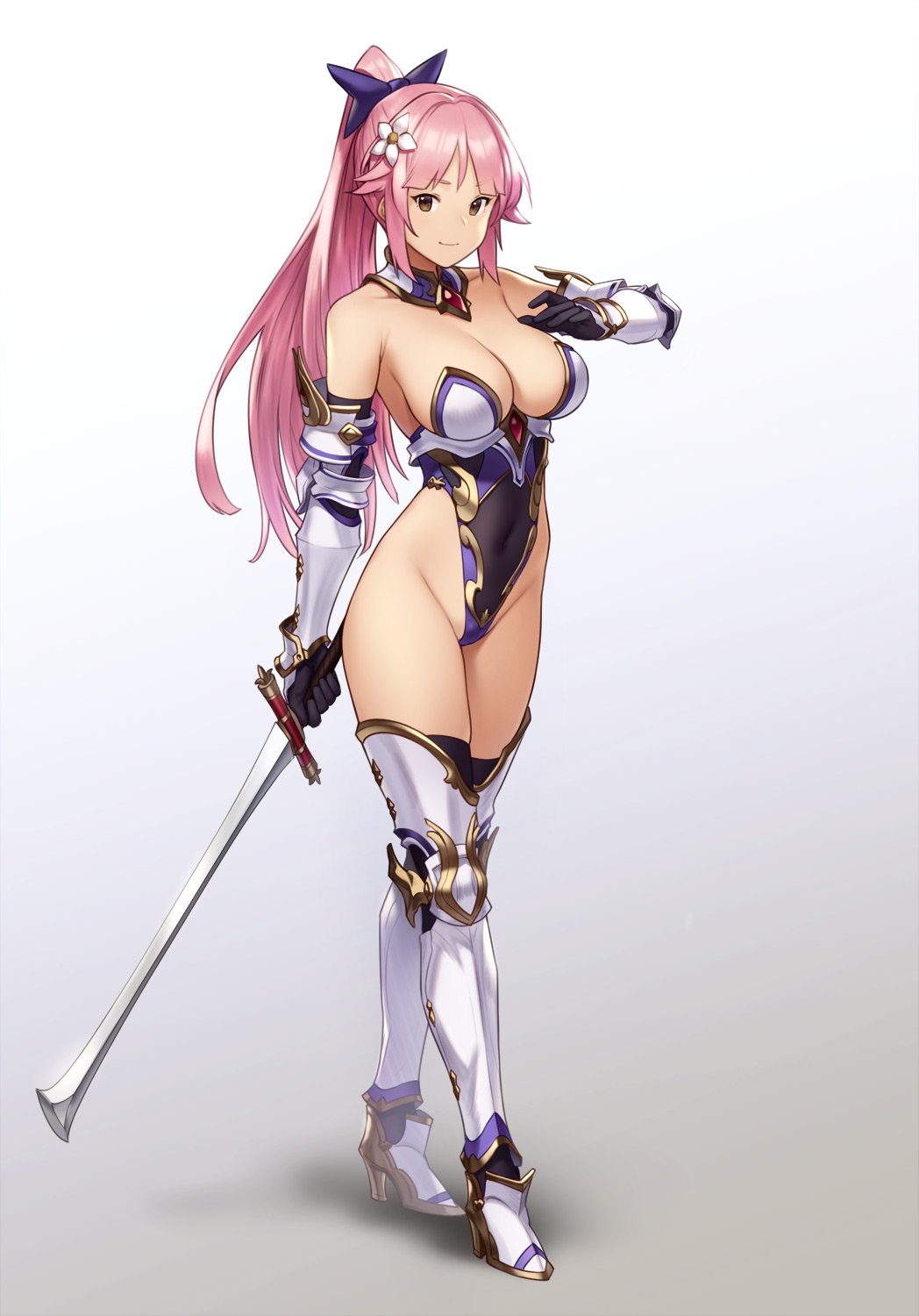 1girl armpits black_bow boots bow breasts brown_eyes cleavage closed_mouth flower full_body greaves hair_bow hair_flower hair_ornament high_heel_boots high_heels highleg highleg_leotard highres holding holding_sword holding_weapon houtengeki knight leotard long_hair looking_at_viewer medium_breasts original pink_hair ponytail revealing_clothes sideboob simple_background smile solo standing sword thigh-highs thigh_boots weapon white_background