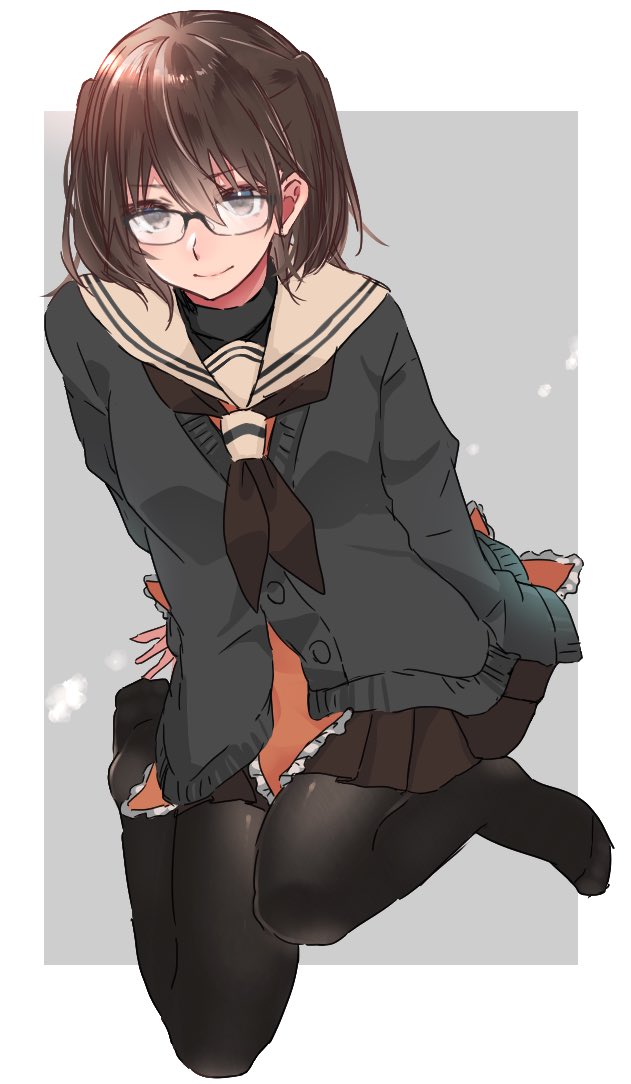 1girl alternate_costume bangs bespectacled black-framed_eyewear black_legwear black_neckwear black_shirt brown_eyes brown_hair brown_skirt buttons closed_mouth glasses grey_cardigan hair_between_eyes kantai_collection long_sleeves looking_at_viewer miniskirt neckerchief no_shoes pantyhose pleated_skirt rinto_(rint_rnt) sailor_collar school_uniform sendai_(kantai_collection) shirt skirt smile solo twintails white_sailor_collar