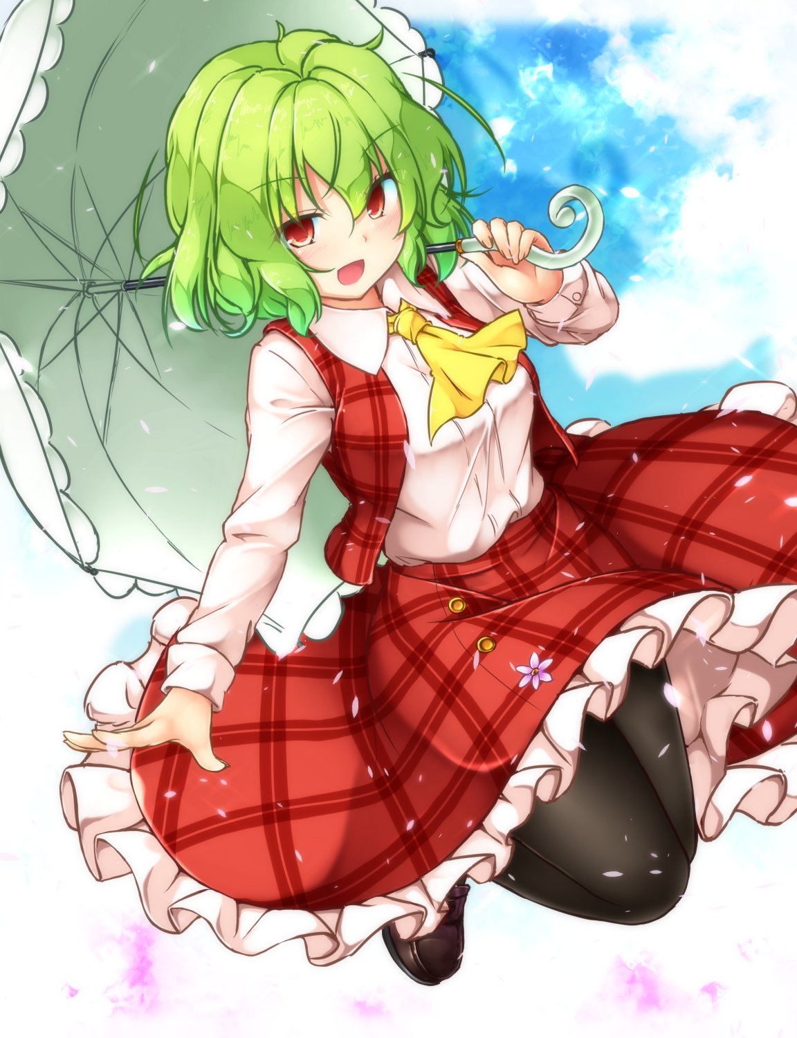 1girl :d aka_tawashi ascot bangs black_legwear blue_sky blush breasts brown_footwear clouds commentary_request day eyebrows_visible_through_hair flower full_body green_hair green_umbrella hair_between_eyes hand_up highres holding holding_umbrella jumping kazami_yuuka loafers long_sleeves looking_at_viewer medium_breasts open_mouth outdoors pantyhose petals petticoat pink_flower plaid plaid_skirt plaid_vest red_eyes red_skirt red_vest shirt shoes short_hair skirt skirt_set sky smile solo thighs touhou umbrella vest white_shirt yellow_neckwear