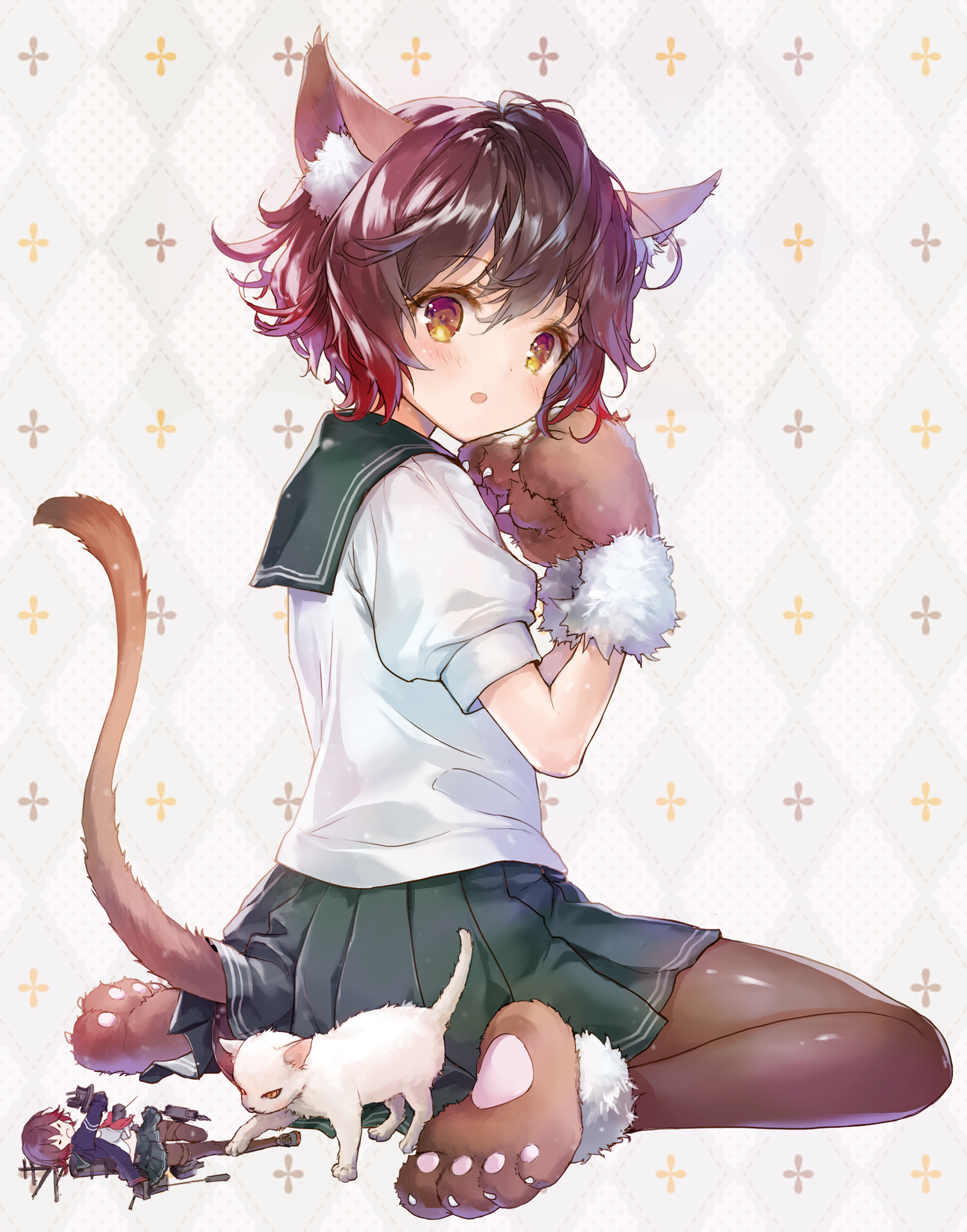 1girl 888myrrh888 :o action_figure animal animal_ears argyle argyle_background ass bangs black_legwear blush brown_hair cat cat_ears cat_tail commentary_request eyebrows_visible_through_hair figure full_body green_skirt hair_between_eyes highres kantai_collection kemonomimi_mode looking_at_viewer looking_to_the_side mutsuki_(kantai_collection) open_mouth pantyhose paws pleated_skirt remodel_(kantai_collection) rigging school_uniform serafuku shirt short_hair short_sleeves sitting skirt solo tail wariza white_cat