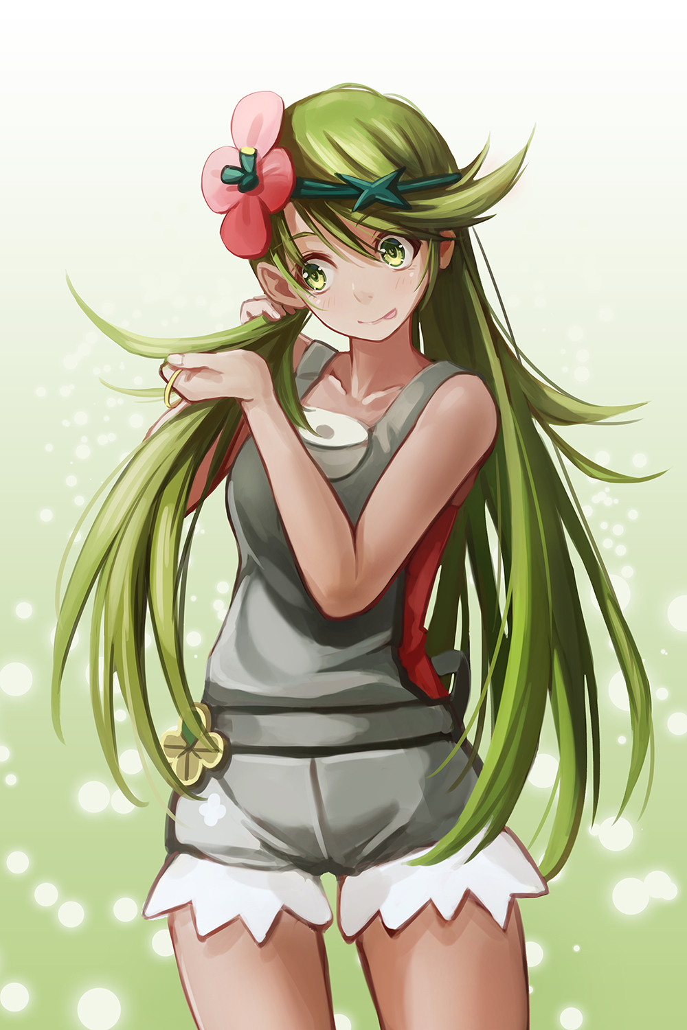 1girl :p collarbone creatures_(company) dark_skin floating_hair flower game_freak gradient gradient_background green_background green_eyes green_hair grey_shirt grey_shorts hair_flower hair_ornament highres long_hair mallow_(pokemon) nintendo pokemon pokemon_(game) pokemon_sm red_flower redpoke shirt short_shorts shorts sleeveless sleeveless_shirt solo standing tongue tongue_out twintails tying_hair very_long_hair