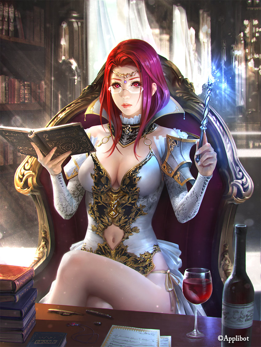 1girl alcohol armor book bookshelf breasts cleavage cup curtains detached_collar detached_sleeves dress drinking_glass glasses holding holding_book holding_wand large_breasts legend_of_the_cryptids legs_crossed long_hair looking_at_viewer mage multicolored_hair navel navel_cutout panties paper pen pink_lips purple_hair redhead rimless_eyewear shuichi_wada side-tie_panties spell sunlight table underwear violet_eyes wand white_dress window wine wine_glass