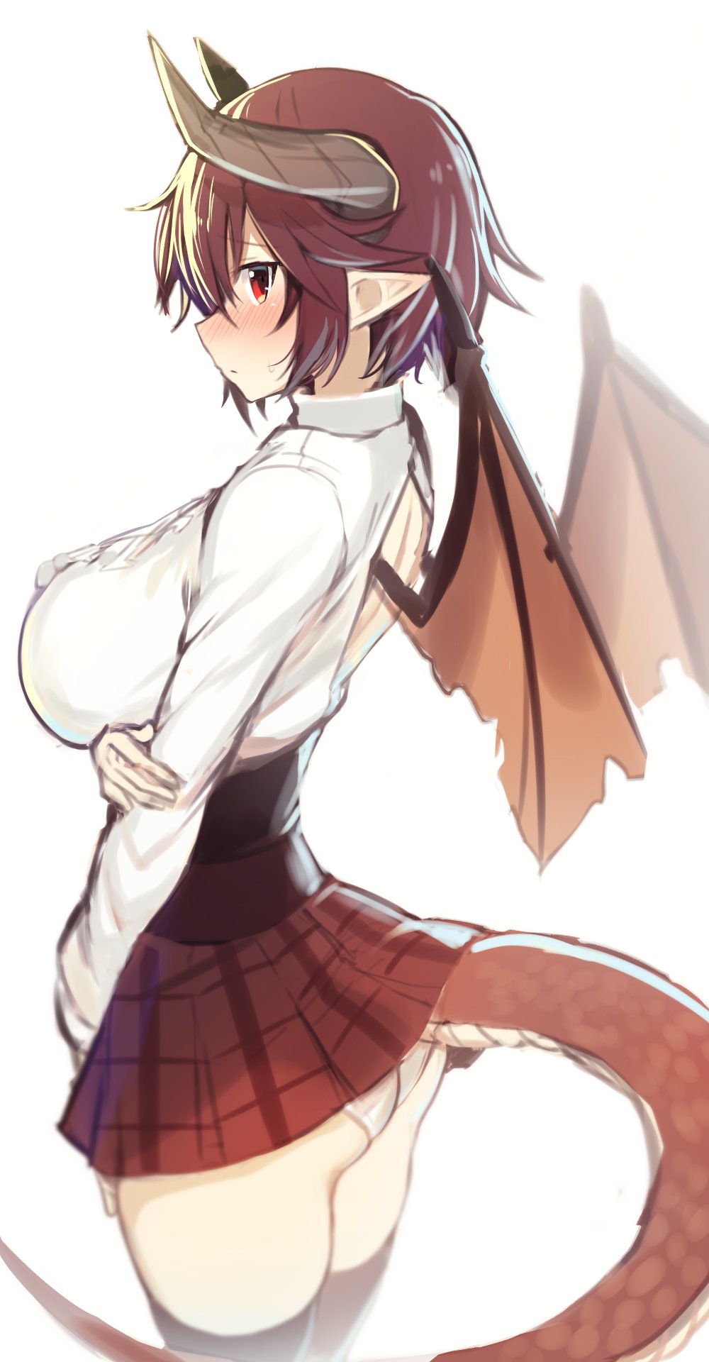 1girl ass black_legwear blush breast_hold breasts center_frills commentary_request dragon_girl dragon_horns dragon_tail dragon_wings frills from_side granblue_fantasy grea_(shingeki_no_bahamut) greatmosu highres horns large_breasts long_sleeves looking_at_viewer looking_to_the_side manaria_friends miniskirt panties pointy_ears purple_hair red_eyes shingeki_no_bahamut shirt short_hair simple_background skirt solo tail thigh-highs underwear white_background white_panties white_shirt wings