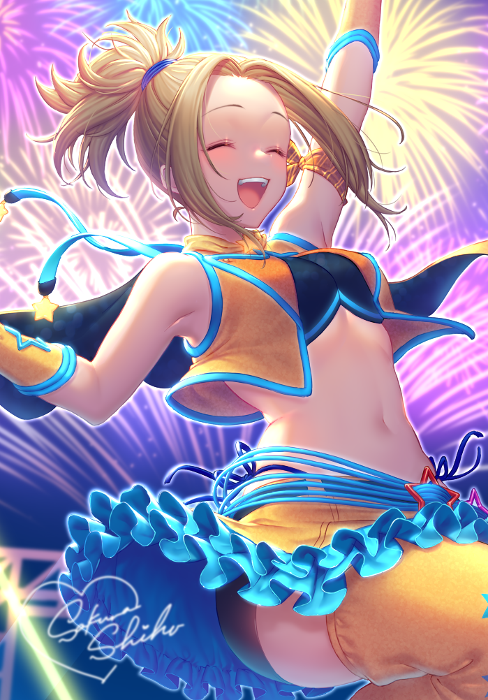 1girl :d arm_strap arm_up armpits artist_name backlighting bare_shoulders bike_shorts blonde_hair blue_ribbon blush bracer breasts closed_eyes commentary_request fireworks forehead frilled_skirt frills hair_tie idolmaster idolmaster_cinderella_girls leg_up long_hair manabe_itsuki midriff miniskirt navel neon_trim open_clothes open_mouth open_vest orange_legwear orange_skirt orange_vest outdoors panties ponytail ribbon sakura_shiho shorts shorts_under_skirt side-tie_panties signature skirt small_breasts smile solo star stomach thigh-highs thong underwear upper_teeth vest