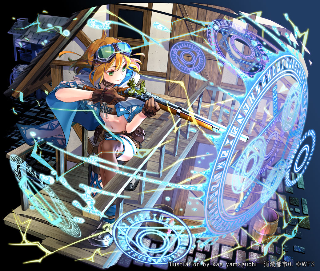 1girl ahoge aiming barrel blue_cape brown_footwear brown_gloves brown_hair brown_legwear brown_shorts cape door gloves goggles goggles_on_head green_eyes gun holding holding_gun holding_weapon kaekae kneeling magic_circle midriff navel official_art pouch railing shoes shorts shoumetsu_toshi solo thigh-highs weapon