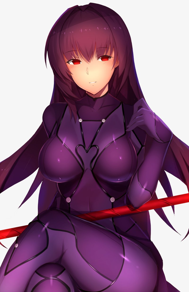 1girl bodysuit breasts commentary_request covered_navel eyebrows_visible_through_hair fate/grand_order fate_(series) gae_bolg grey_background highres holding holding_weapon lancer large_breasts leotard long_hair looking_at_viewer polearm purple_bodysuit purple_hair purple_leotard red_eyes saisarisu scathach_(fate)_(all) scathach_(fate/grand_order) solo spear weapon