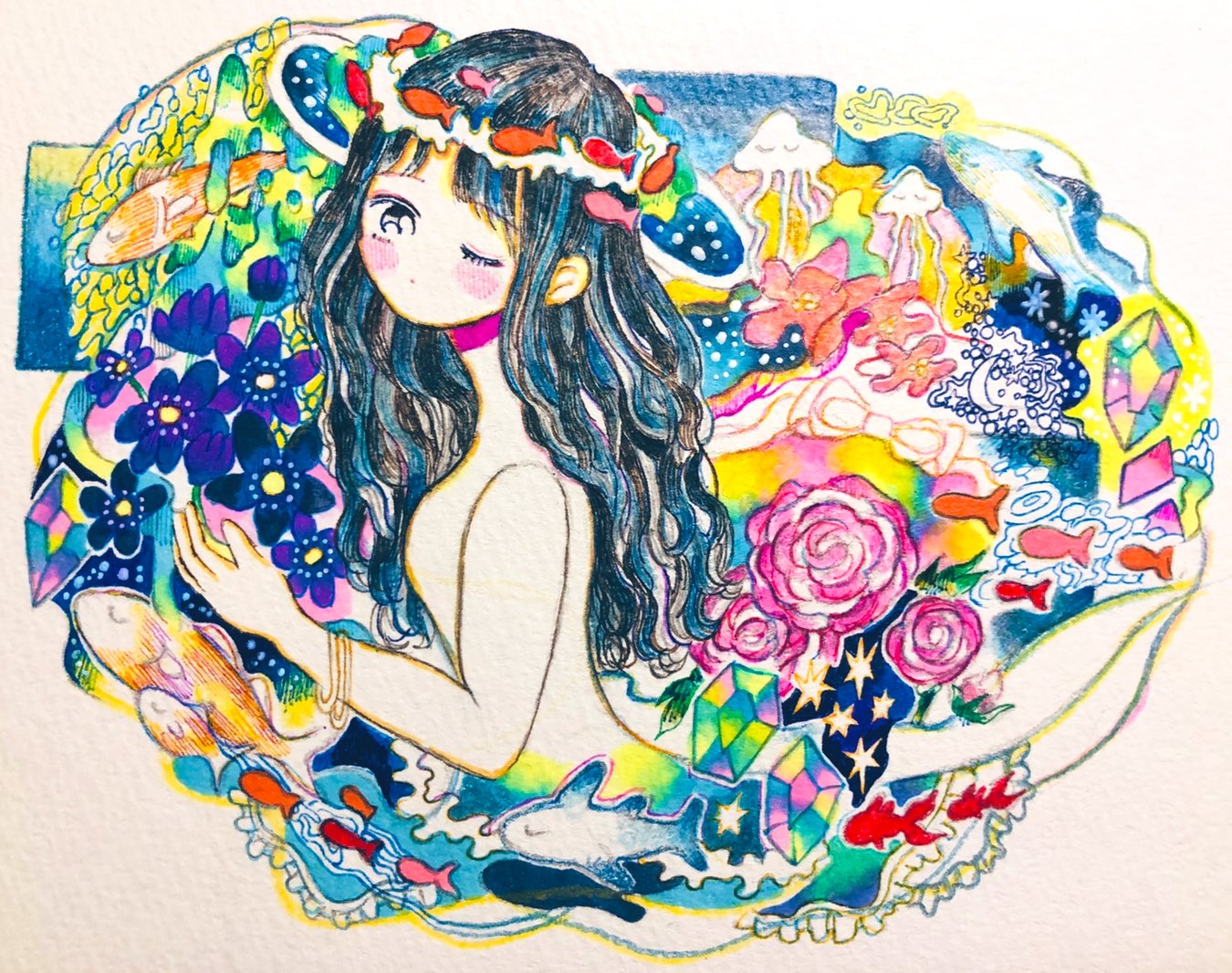 050505si 1girl abstract bangs black_hair blue_flower blush bracelet closed_eyes colorful commentary_request crystal expressionless fish flower from_side heart jellyfish jewelry long_hair looking_at_viewer no_nose nude one_eye_closed original pink_flower solo surreal traditional_media