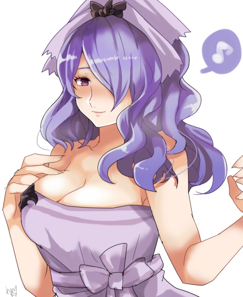 1girl breasts camilla_(fire_emblem_if) earrings fire_emblem fire_emblem_heroes fire_emblem_if hair_over_one_eye jewelry large_breasts lips long_hair looking_at_viewer naked_towel nintendo ponytail purple_hair rem_sora410 smile solo tiara towel very_long_hair violet_eyes wavy_hair