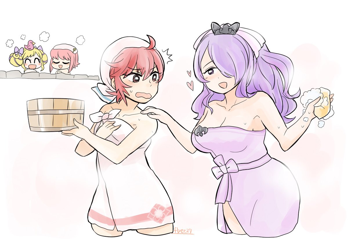 4girls artist_name blonde_hair bow breasts bucket camilla_(fire_emblem_if) cleavage closed_eyes elise_(fire_emblem_if) fire_emblem fire_emblem_heroes fire_emblem_if flyer_27 hair_bow hair_over_one_eye hinoka_(fire_emblem_if) large_breasts long_hair multicolored_hair multiple_girls naked_towel nintendo open_mouth pink_hair ponytail purple_hair redhead rubber_duck sakura_(fire_emblem_if) short_hair siblings sisters towel towel_on_head violet_eyes wooden_bucket