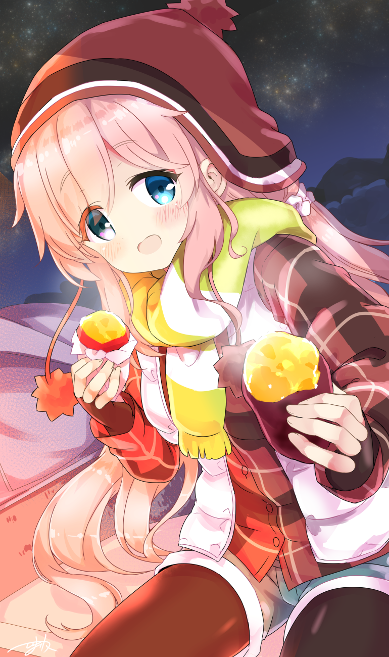 1girl :d bangs beanie black_gloves black_legwear blue_eyes blue_shorts blush buttons coat commentary_request dutch_angle fingerless_gloves food gloves hair_ornament hair_scrunchie hands_up hat highres himarisu_(hida_mari) holding holding_food kagamihara_nadeshiko long_hair long_sleeves looking_at_viewer night night_sky open_mouth outdoors pantyhose pink_hair plaid red_coat red_hat scarf scrunchie short_shorts shorts sidelocks sky smile solo star_(sky) starry_sky sweet_potato very_long_hair winter_clothes yakiimo yellow_scarf yurucamp