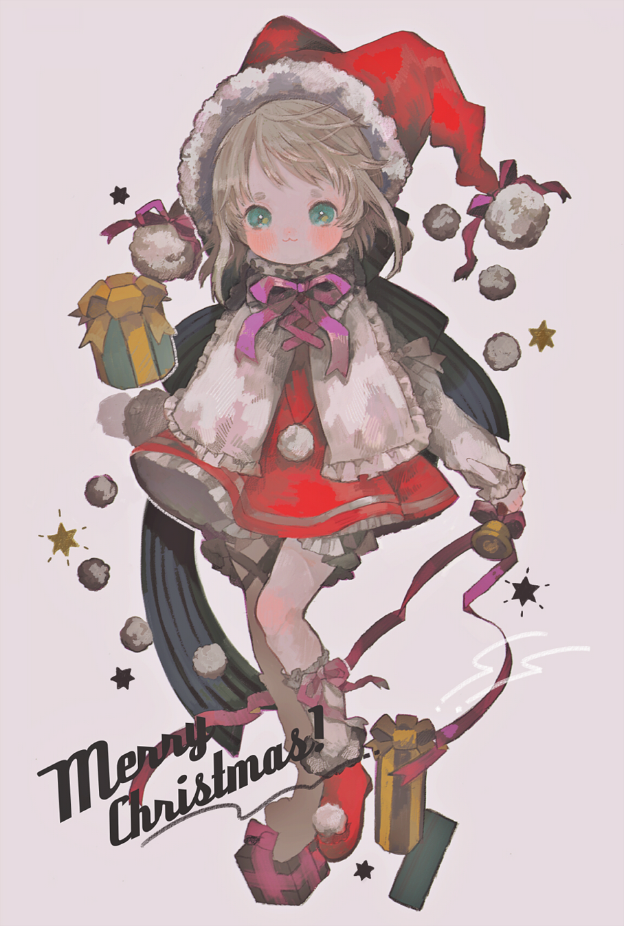 1girl :3 ankle_boots aqua_eyes beige_background bell blush boots box christmas closed_mouth dress english_text full_body fur-trimmed_boots fur_trim gift gift_box hat highres holding holding_bell kneehighs light_brown_hair long_sleeves looking_at_viewer medium_hair merry_christmas namepino neck_ribbon neck_ruff original pink_ribbon pom_pom_(clothes) red_dress red_footwear ribbon santa_costume santa_hat short_dress short_eyebrows simple_background solo standing star striped striped_ribbon thick_eyebrows white_legwear