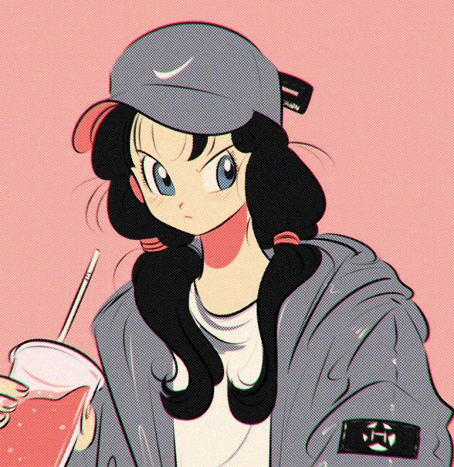 1girl bangs baseball_cap black_hair blue_eyes cup dragon_ball dragonball_z drink drinking_straw grey_hat grey_jacket hat holding holding_cup jacket long_hair moricky pink_background serious simple_background solo twintails upper_body videl