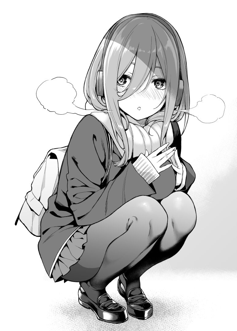 1girl backpack bag blush breasts breath fingers_together full_body go-toubun_no_hanayome greyscale hair_between_eyes headphones large_breasts loafers long_sleeves medium_hair monochrome mushi024 nakano_miku nose_blush pantyhose pleated_skirt scarf school_uniform shoes sidelocks skirt sleeves_past_wrists solo squatting steepled_fingers