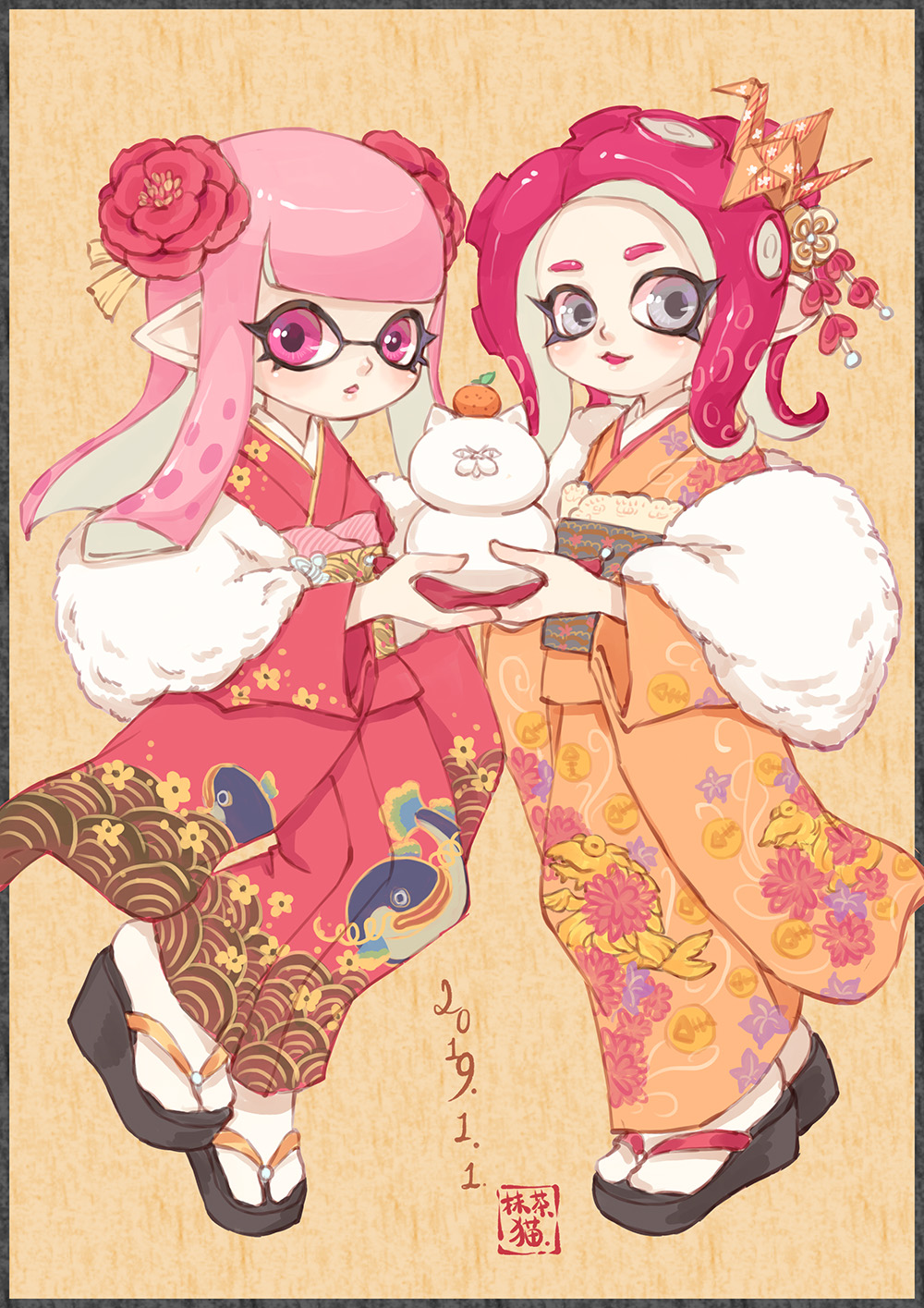 2019 2girls agent_8 bangs cat cephalopod_eyes dated domino_mask floral_print flower food fruit grey_eyes hair_flower hair_ornament happy_new_year highres hime_cut inkling jajji-kun_(splatoon) japanese_clothes kagami_mochi kimono looking_at_viewer mandarin_orange mask matchaneko multiple_girls new_year obi octoling open_mouth origami paper_crane pink_eyes pink_hair pointy_ears redhead salmonid sash smile splatoon splatoon_(series) splatoon_2 splatoon_2:_octo_expansion suction_cups tentacle tentacle_hair