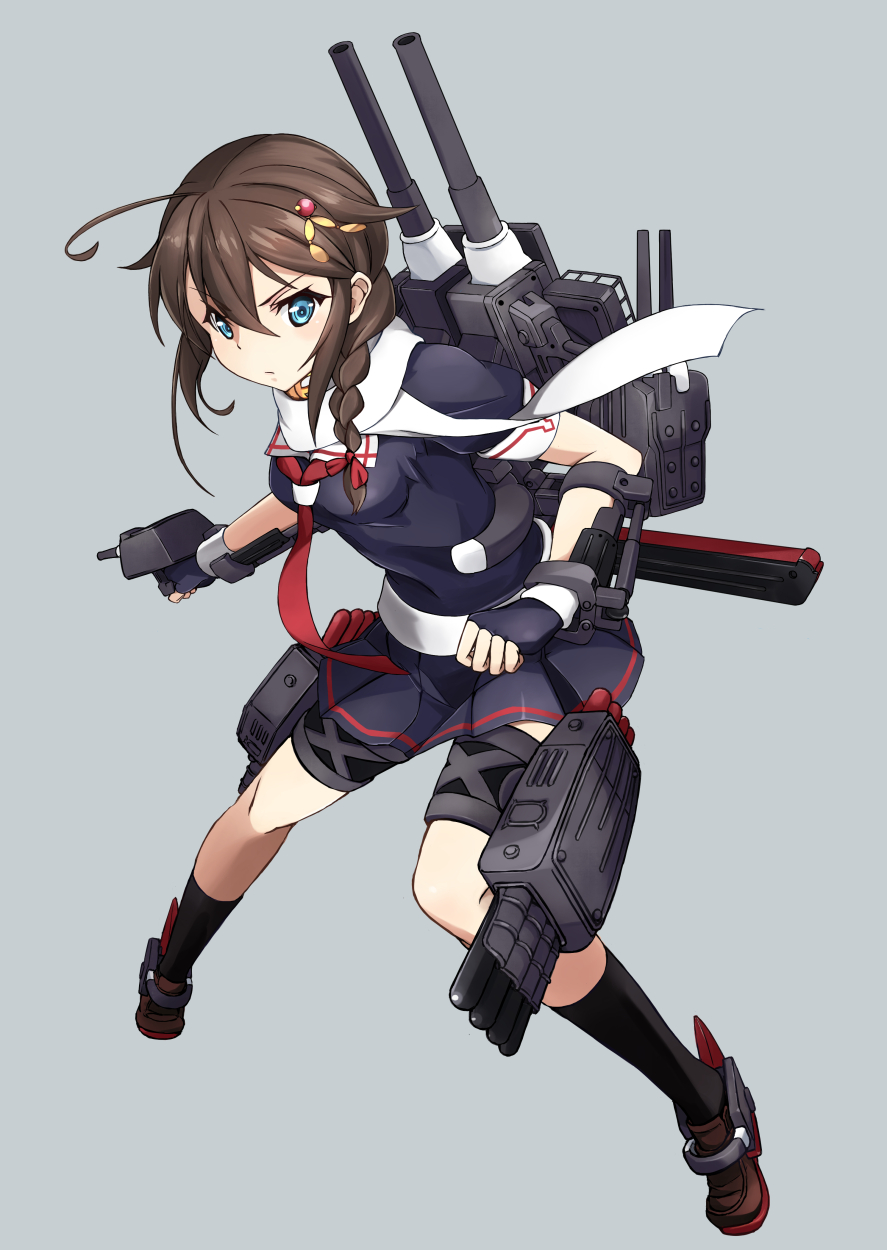 1girl ahoge black_gloves black_hair black_serafuku black_skirt blue_eyes braid brown_hair cannon commentary_request fingerless_gloves full_body gloves grey_background hair_flaps hair_ornament hair_over_shoulder highres kantai_collection machinery minosu neckerchief pleated_skirt pose red_neckwear remodel_(kantai_collection) scarf school_uniform serafuku shigure_(kantai_collection) simple_background single_braid skirt solo standing torpedo_launcher turret white_scarf